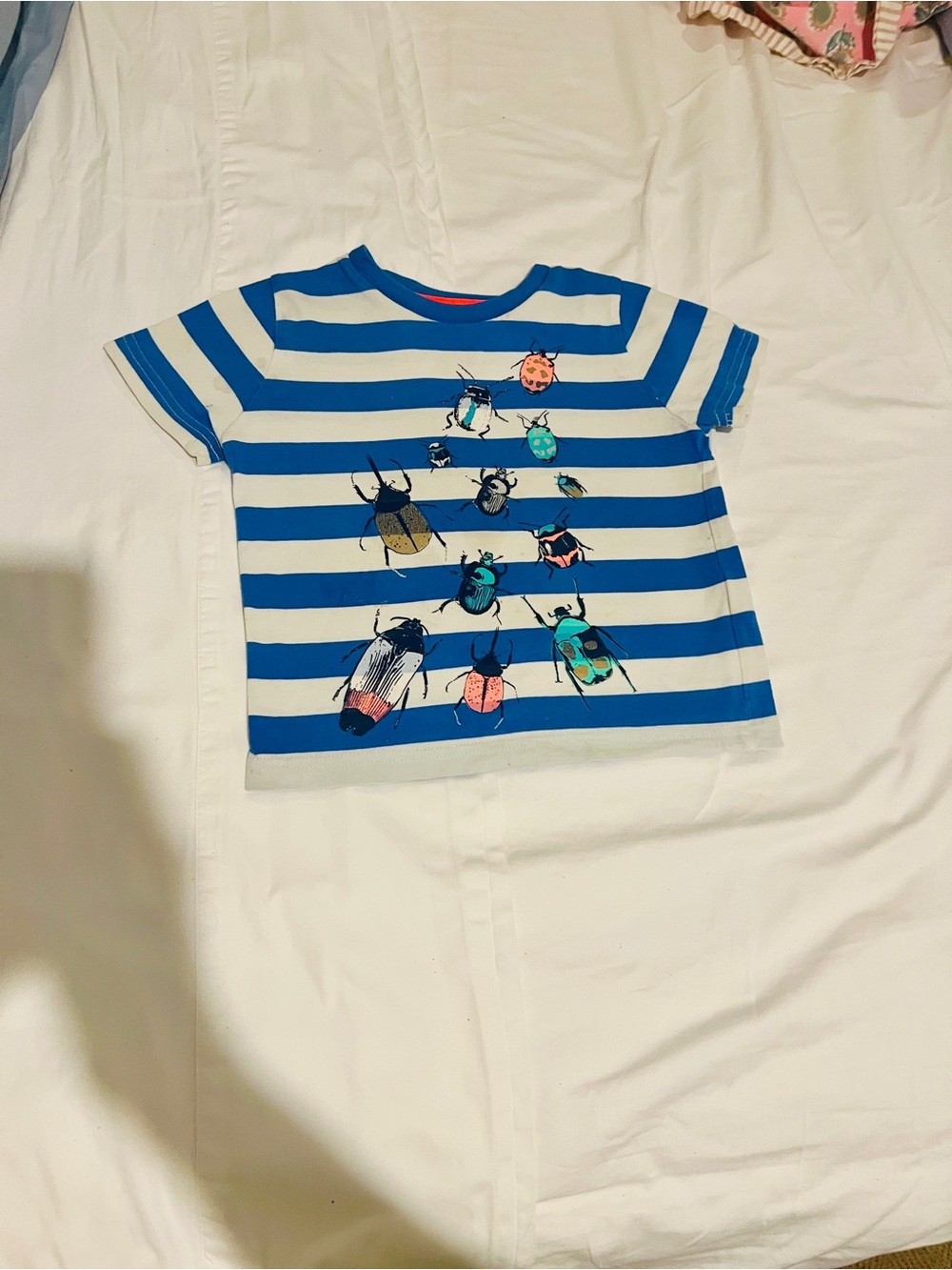 Mini Boden Blue & White Striped Tee with Colorful Beetle Motif